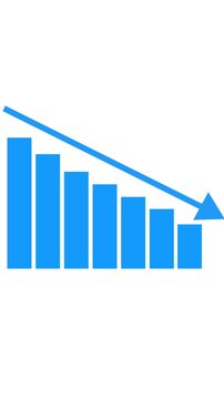 Blue bar chart graph with downward arrow indicating decline on white. Bar graph decline trend. Modern animation of a blue bar chart with a descending arrow marking reduction and downturn.
