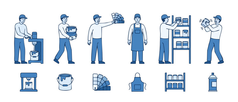 Paint shop worker character set with color mixing machine, paint buckets, swatches, apron, and storage shelves in flat blue line style for renovation, interior design, and hardware store concepts.