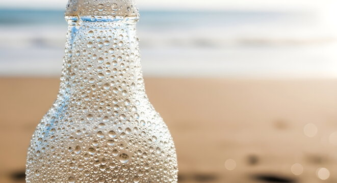 Refreshing Drink Bottle with Condensation Against Summer Ocean Background