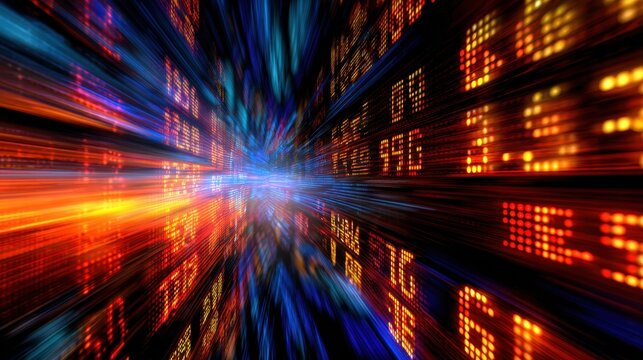 A dynamic digital display of flowing numerical data and vibrant colors suggestive of speed