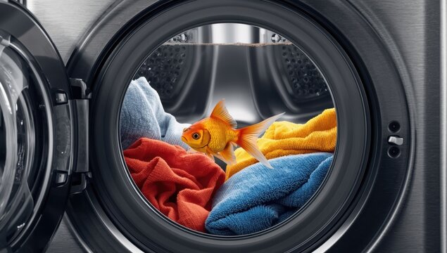 Goldfish swimming among colorful towels inside a modern washing machine drum