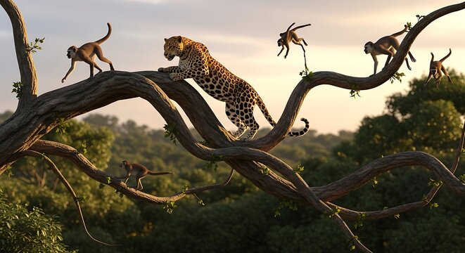 Leopard Balancing on Curved Tree Branch with Monkeys in Sunset Jungle