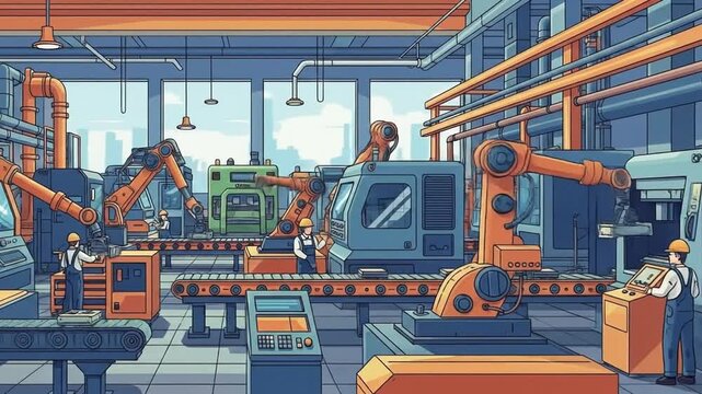 Automated Factory Production Line - Robots and Machinery in Action.