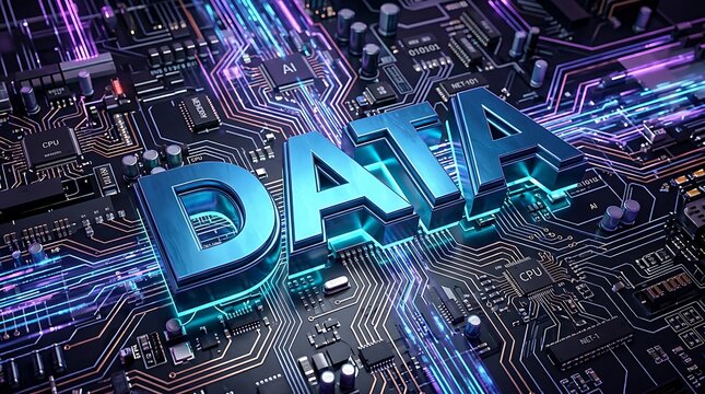 The glowing blue word DATA on a dark circuit board with colorful neon lights