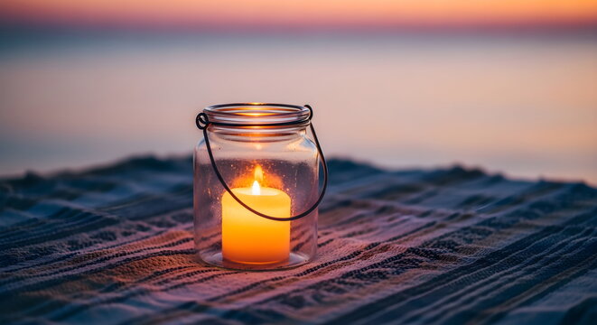 Cozy Lit Candle in a Glass Jar on the Beach at Sunset