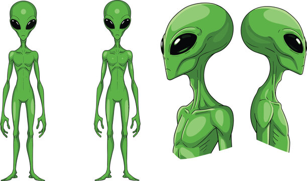 Realistic Alien Character Vector Set Featuring Green Extraterrestrial Humanoid with Full Body Front and Side Views for Sci Fi Illustration and Concept Design Projects.