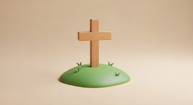 3D Wooden Cross on a Small Green Grassy Hill