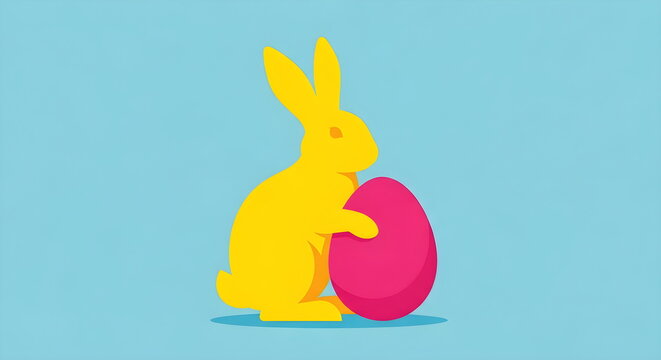 Minimalist Yellow Rabbit with Vibrant Pink Easter Egg