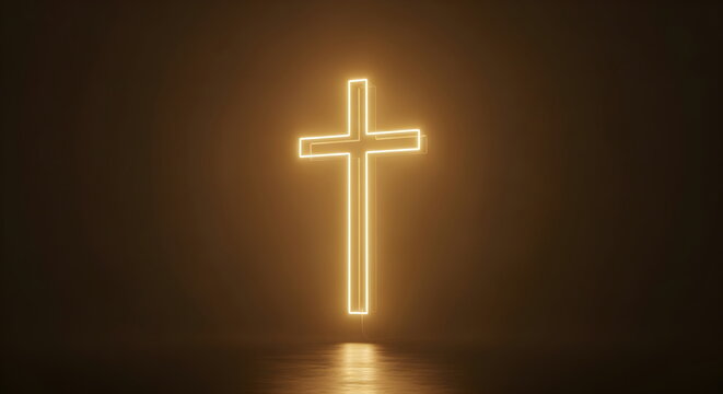 Glowing Neon Christian Cross Shining in the Dark