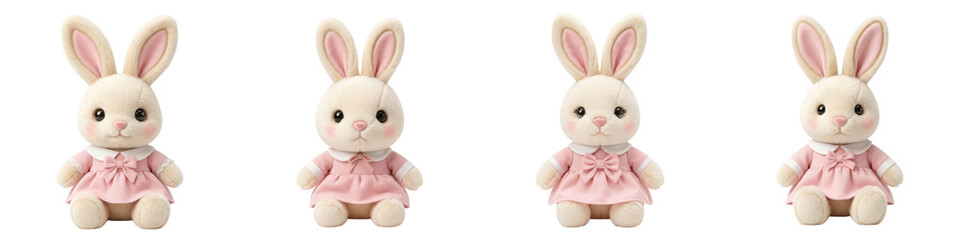 Obraz premium Four white stuffed bunnies in pink dresses isolated on transparent background