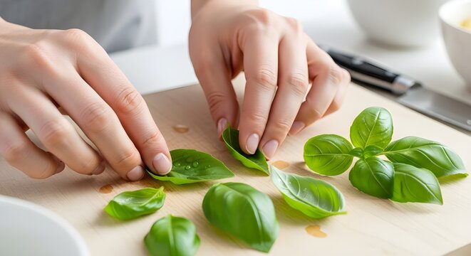 Realistic image of hands arranging a few fresh basil leaves on a cutting board, light kitchen prep.