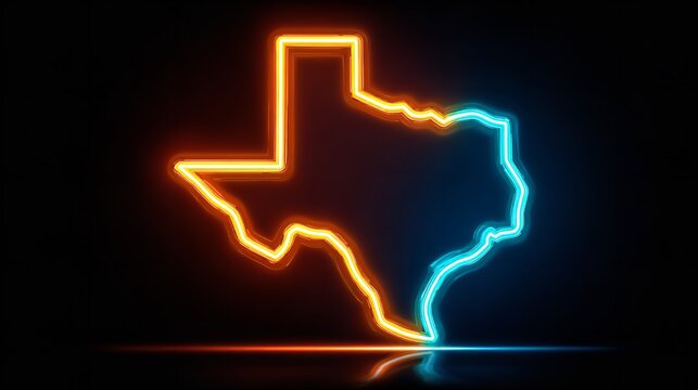Neon outline of Texas with orange and blue colors on black background.