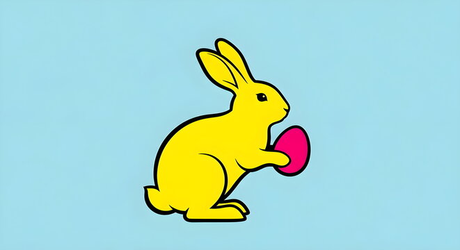 Bright Flat Vector Illustration of a Yellow Easter Bunny and Pink Egg