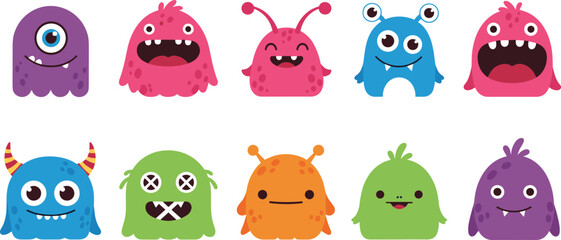 Fototapeta premium Set of Cute Cartoon Monsters Characters with Funny Faces Colorful Creature Collection for Kids Halloween Design Isolated on White Background
