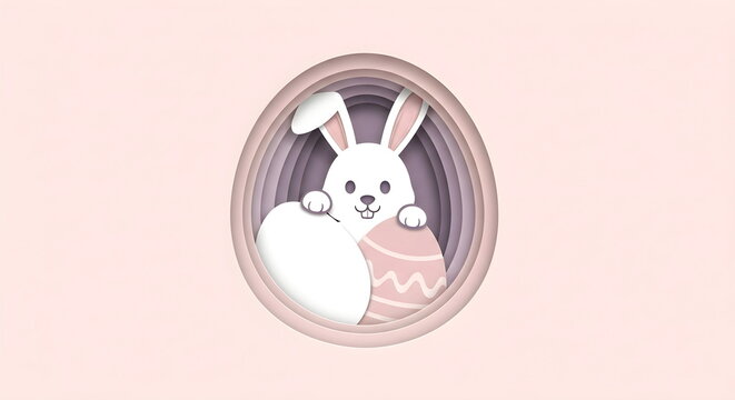 3D Paper Cut Style Easter Bunny Peeking Over an Egg