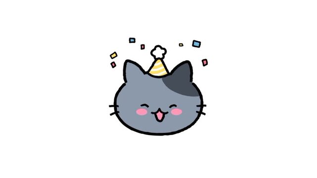 Happy cat with birthday hat. Cat with birthday celebration icon 3d animation 