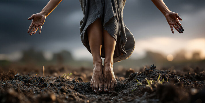 Flowing linen dress under stormy skies. Dancer with open arms amid turbulent cloudy horizon