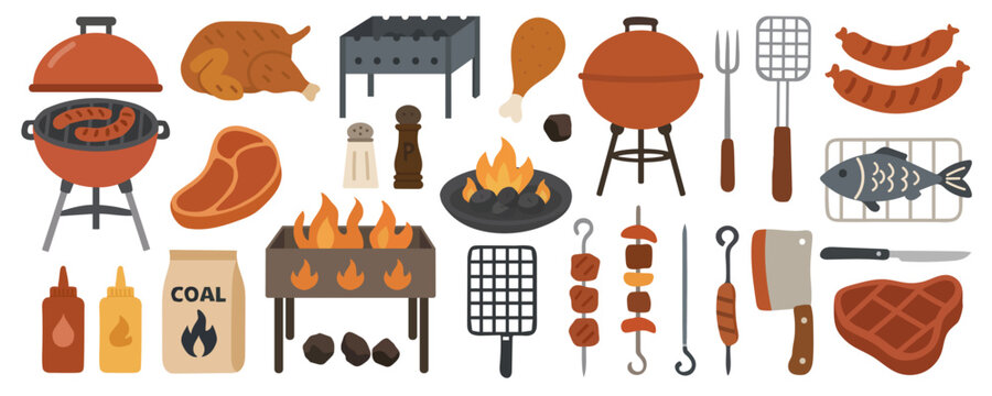 Set of barbecue grill icons isolated on white background. Barbeque meat holiday. Independence Day bbq party picnic. Vector flat illustration