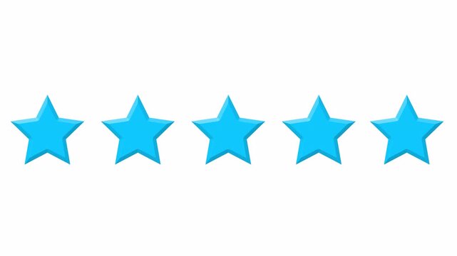 Animated five star rating on a white background. 5 stars for rating the quality of your product or service. Motion graphic. 4k video