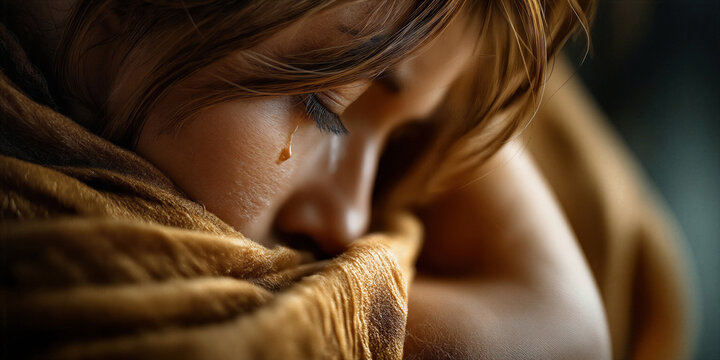 Gold Woman Expressing Sadness Through Tears. Woman Wearing Gold Exhibiting Deep Emotional Sorrow