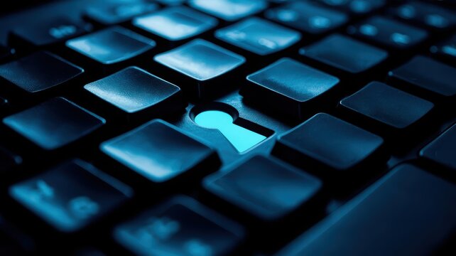 Black Matte Keyboard Close Up with Glowing Keyhole for Cyber Security