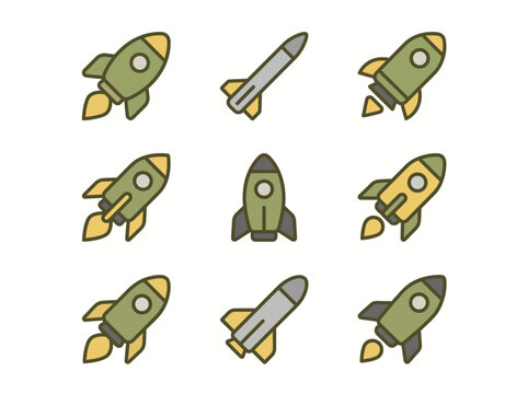 A clean flat vector illustration of a set of military rockets and missiles in different shapes and sizes