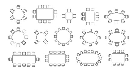 Plakat Top view seating chart featuring circular dining table and chairs, ideal for banquet hall layouts, conference room plans, and office furniture arrangement diagrams. Vector line icon