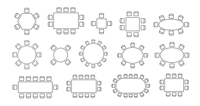 Top view seating chart featuring circular dining table and chairs, ideal for banquet hall layouts, conference room plans, and office furniture arrangement diagrams. Vector line icon