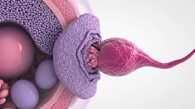 Sperm cell penetrating a human egg during fertilization is shown in this microscopic 3D illustration. The model is pink and purple.