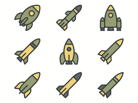 A clean flat vector illustration of a set of military rockets and missiles in different shapes and sizes