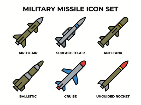 A clean flat vector illustration of a set of military rockets and missiles in different shapes and sizes