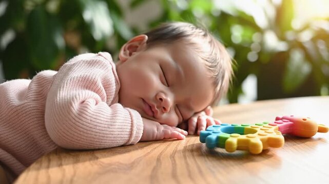 A sleeping Asian infant girl with fair skin rests peacefully on a wooden table wearing a pink sweater near a colorful toy.