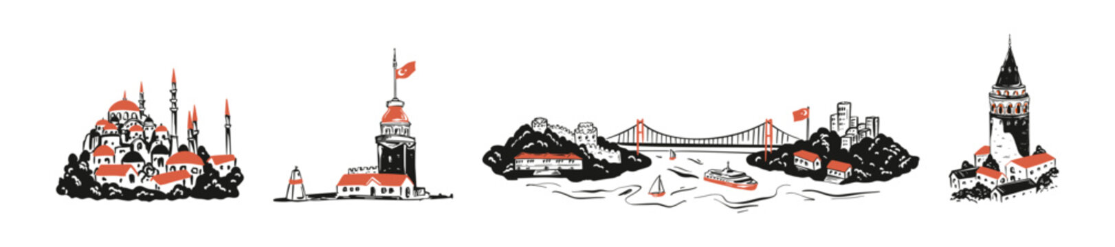 Istanbul city landmarks, famous touristic sights, ancient buildings. Hand drawn vintage sketch silhouette Bosphorus bridge, Galata tower, maiden tower, Sultanahmet mosque. Turkey ottoman architecture