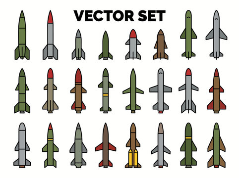 A clean flat vector illustration of a set of military rockets and missiles in different shapes and sizes
