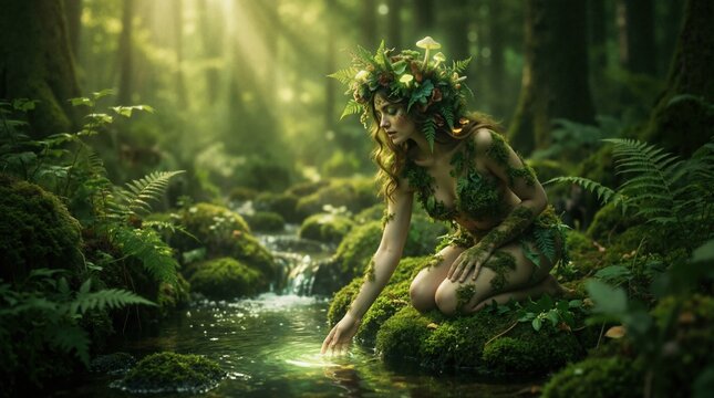 Fantasy woman covered in moss and ferns kneeling in forest stream. Nature spirit or dryad touching water with mushroom headdress. Magical fairytale concept