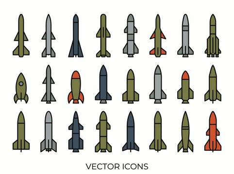 A clean flat vector illustration of a set of military rockets and missiles in different shapes and sizes