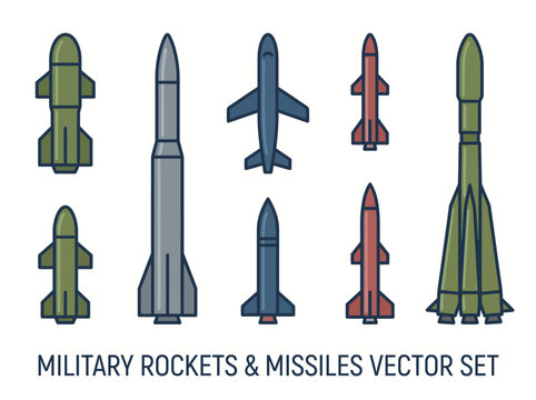 A clean flat vector illustration of a set of military rockets and missiles in different shapes and sizes