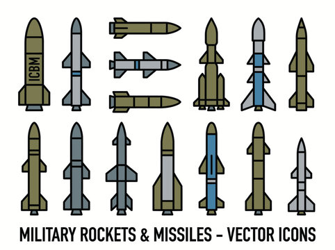 A clean flat vector illustration of a set of military rockets and missiles in different shapes and sizes