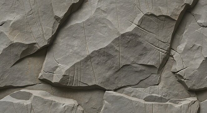 Close-up of a textured gray stone wall with deep, natural fractures and carved lines, abstract geological background.