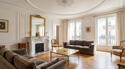 Fototapeta premium luxury parisian living room with fireplace and elegant decor in natural light