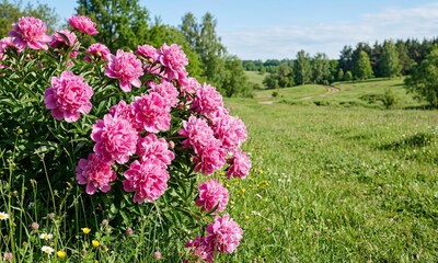 Fototapeta premium Gorgeous large bush of vibrant pink blooming peonies growing wild in peaceful green rolling countryside pasture