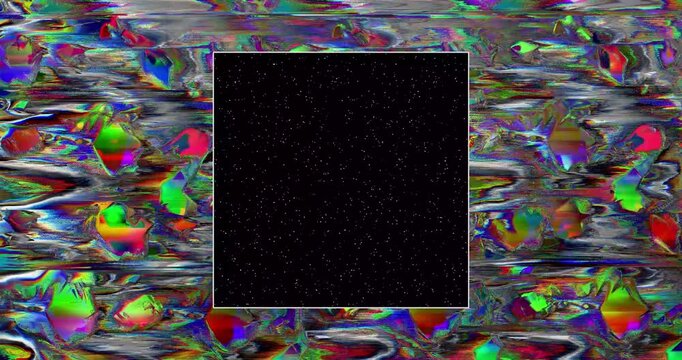 Abstract iridescent liquid glitch frame with starry space portal in the center