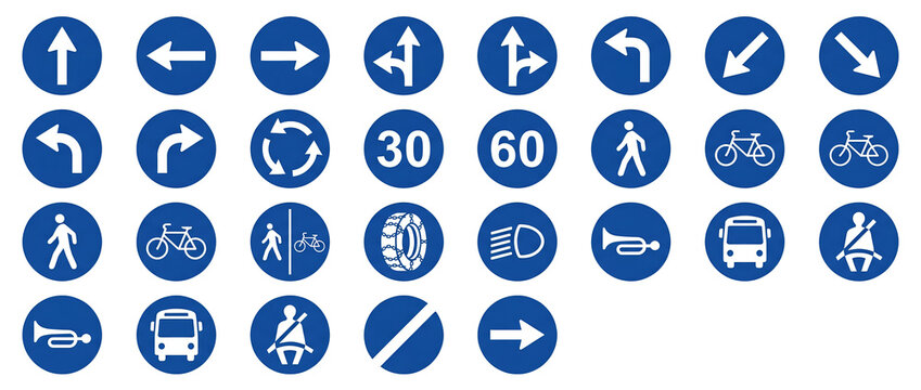 Blue Mandatory Traffic Signs and Road Instruction Icon Set