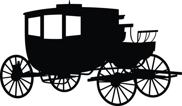 Vintage stagecoach carriage silhouette vector illustration, classic horse drawn transport design, old western travel icon, black and white
