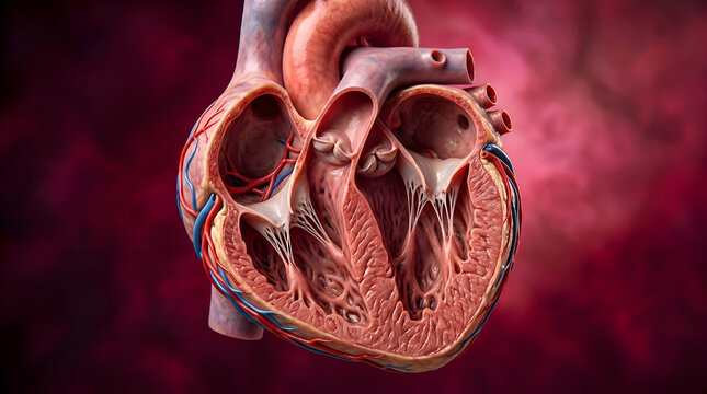 detailed 3d cross section of human heart anatomy with valves and vessels