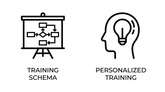 Vector graphic illustration of Black and white line art icons for personalized training and schema Vector