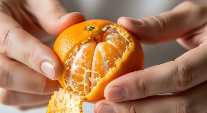 Realistic close-up of hands peeling a mandarin orange, fresh and simple snack moment.