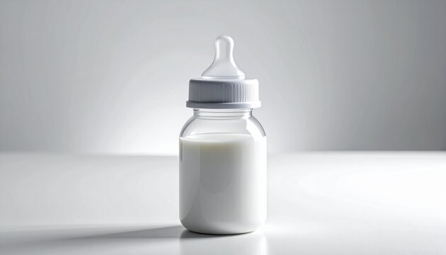Baby feeding bottle with nipple on clean minimalist background product shot