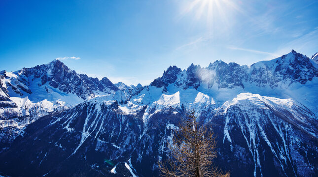 Panoramic view of Mont Blanc and the Chamonix Valley in the French Alps, France, Europe