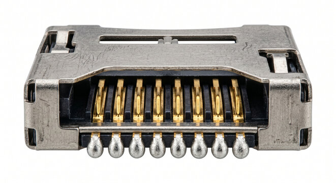 Extreme macro photograph of an internal micro-SD card slot connector with gold-plated pins and stamped steel housing isolated on a white background.